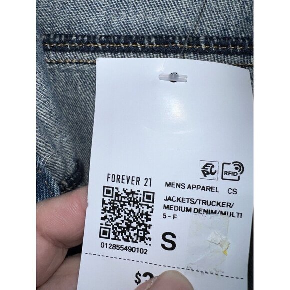 NWT FOREVER 21 Mens Rainbow Trim Distressed Denim Jean Jacket Size Small - Picture 7 of 11